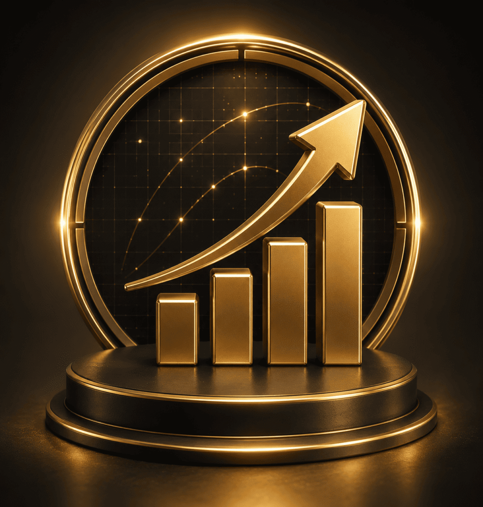 3D gold chart showing upward sales growth and performance analytics in a modern business setting
