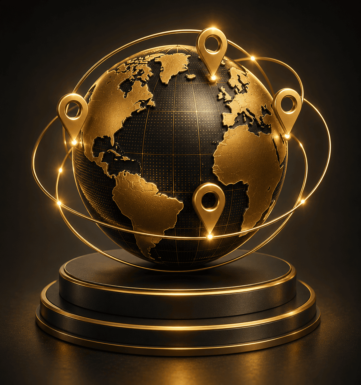 3D golden globe with global connections and location points representing international marketplace expansion