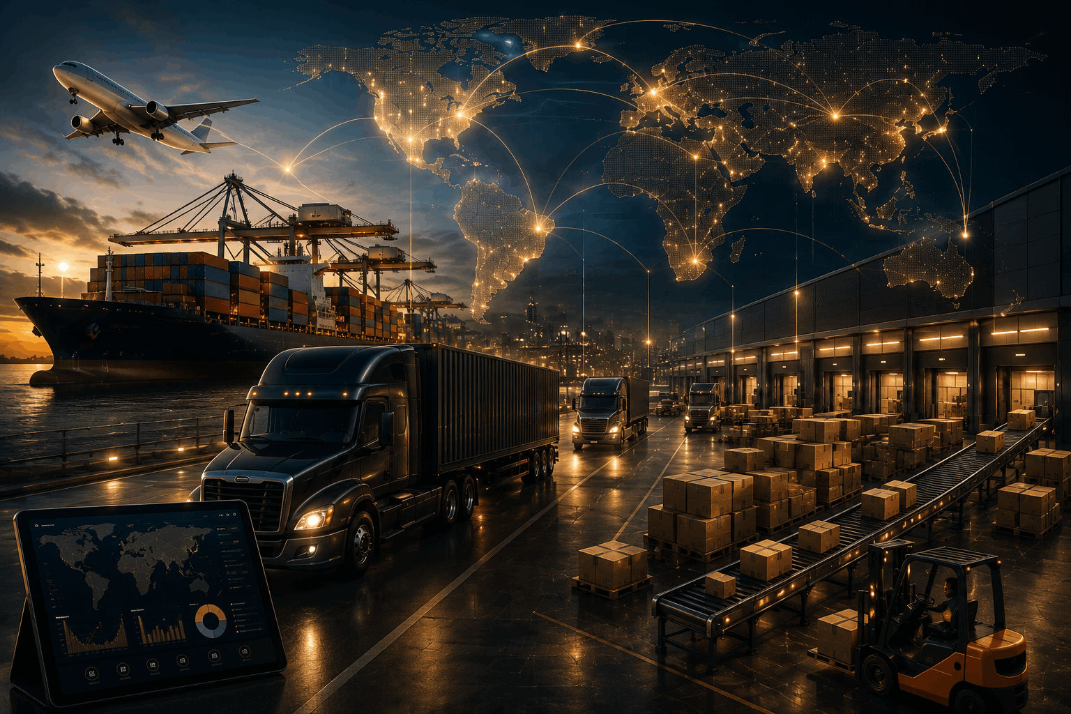 Global distribution network with logistics, warehouses, and transportation systems
