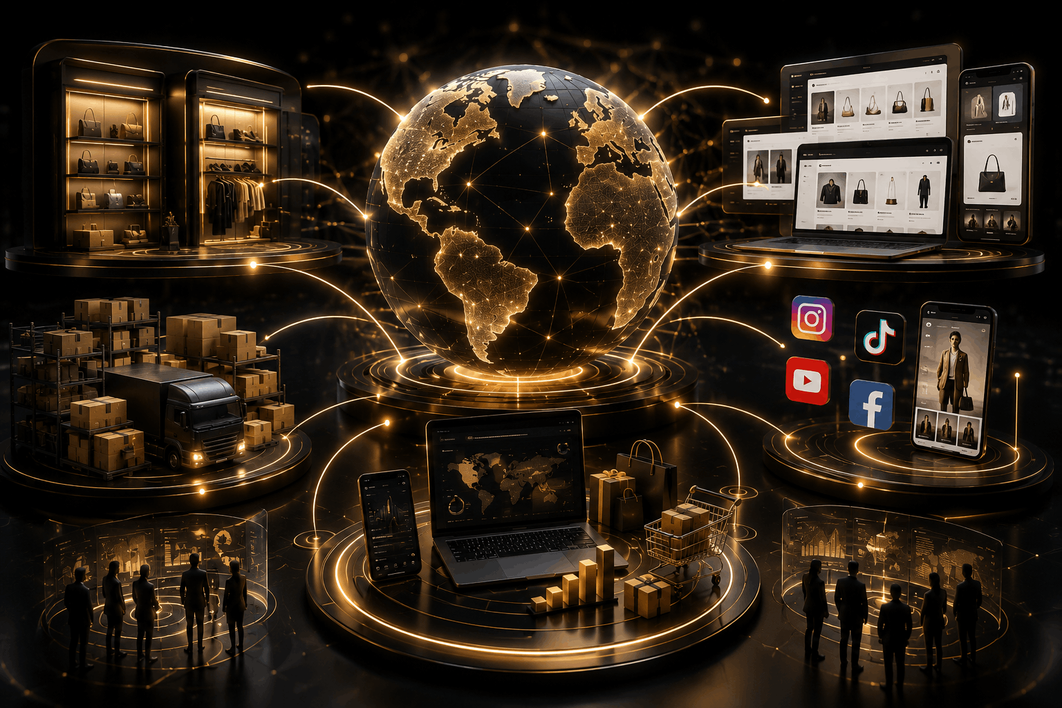 Global retail ecosystem connecting ecommerce, marketplaces, social platforms, and distribution systems